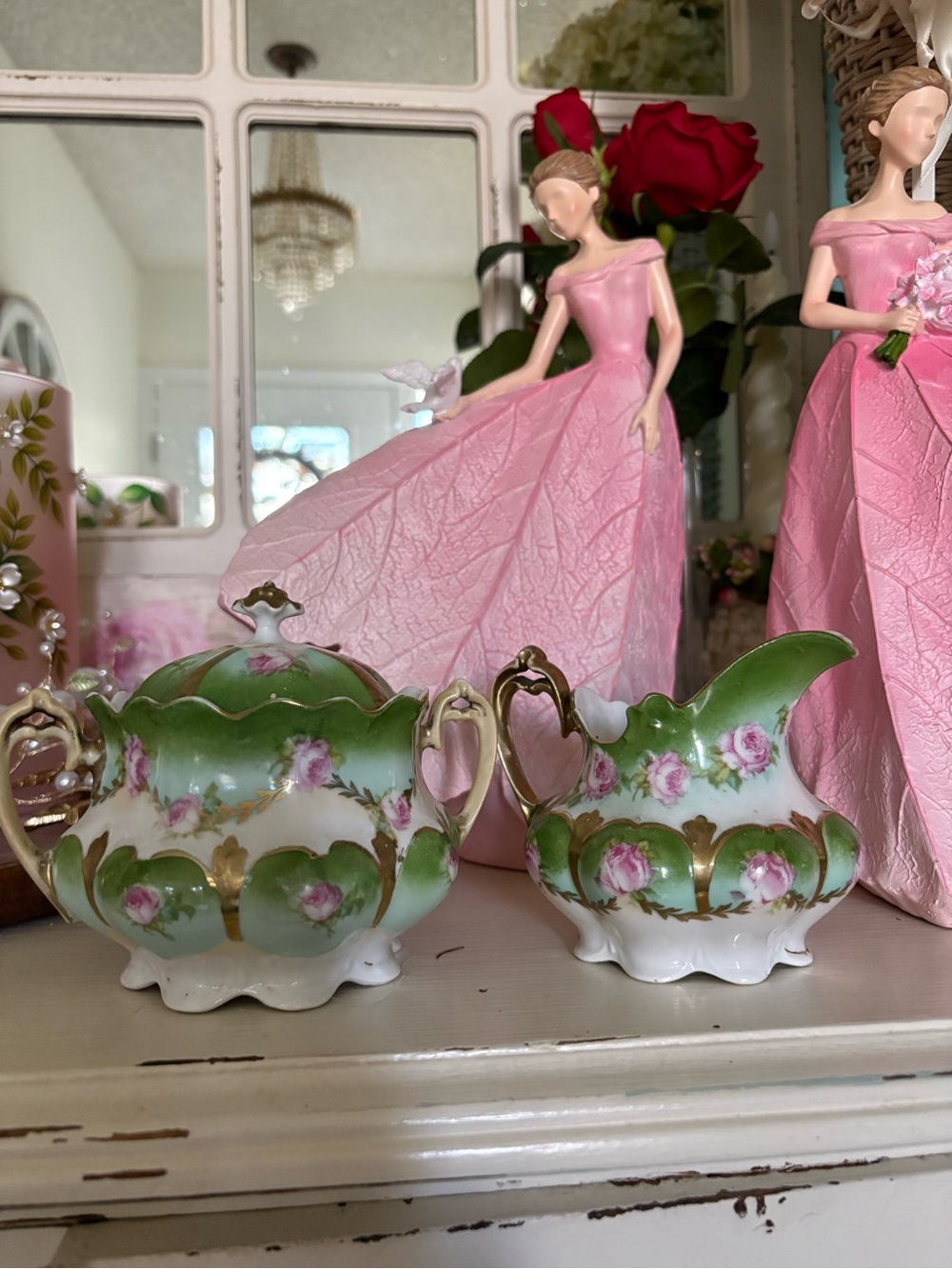Vintage Porcelain Rose Creamer and Sugar Bowl - Green and Pink